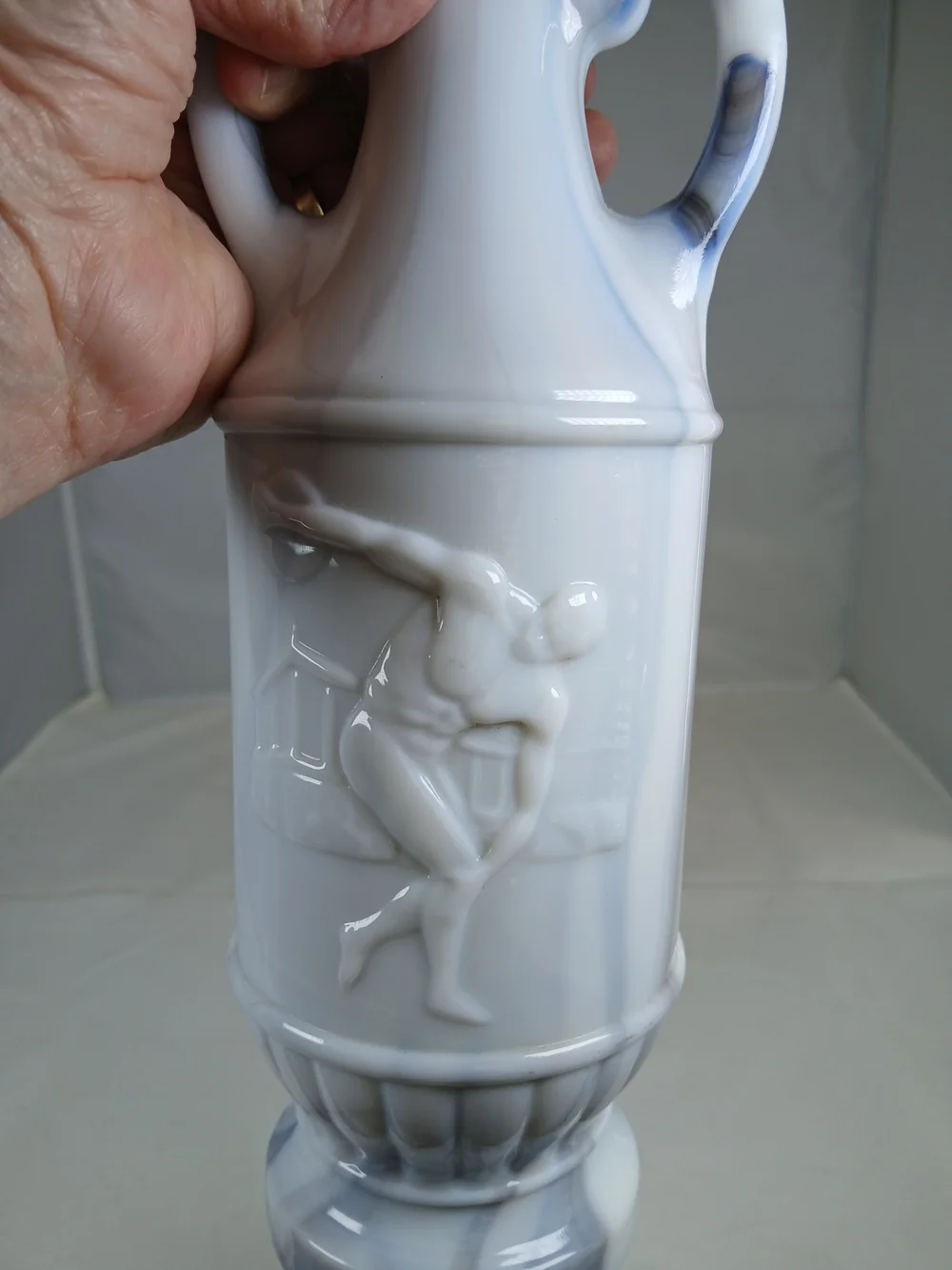 Olympian McGill Canadian Whiskey Milk Glass Liquor Bottle White Gray Marble